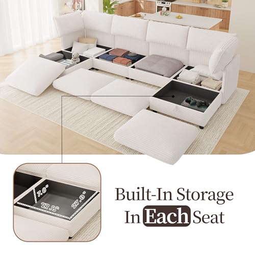 Image of Oversized Corduroy Modular Sectional Sofa Bed with Hidden Storage, Convertible L U Sleeper Couch, Modular Sofa 10 Seat Free Combination with Ottoman & Removable Covers for Living Room, White