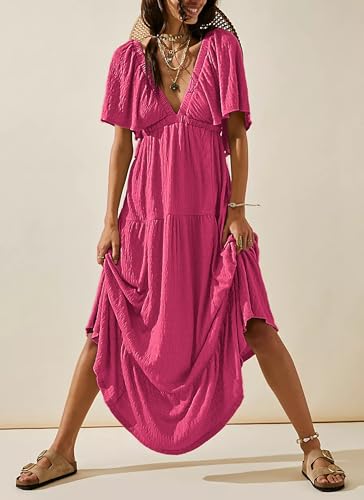 Image of Kikibell Women Summer Dresses Sexy V-Neck Maxi Dress Tiered Silhouette with Flutter Sleeve Backless Elastic Waist Flowy Dress