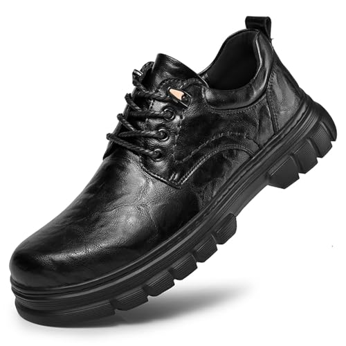 Mens Retro Leather Lace-Up Platform Dress Oxford Shoes Comfortable Non-Slip Round Toe Low Heels Work Derby Shoes for Office Business Formal