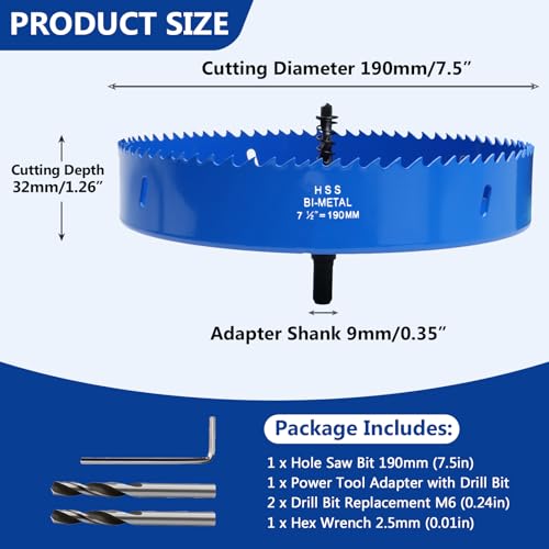 Image of 7.5 Inches /190mm Bi-Metal Hole Saw w /Arbor & Pilot Bit