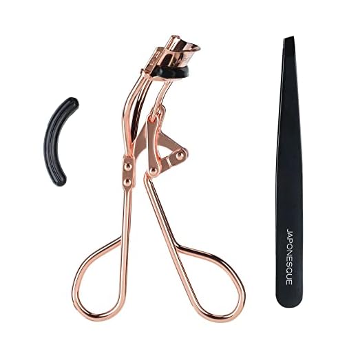 JAPONESQUE Rose Gold Lash Curler & Slant Tweezer Set, for Sweeping Volume and Precision Hair Grooming, Holds Curl for up to 8 Hours