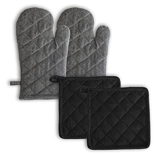 Image of 2 Oven Mitts and 2 Pot Holders Set-Cotton Heat Resistant Pot Stand and Kitchen Gloves-Heat Proof-Free Size-Combo Set (Black and Grey Mix)
