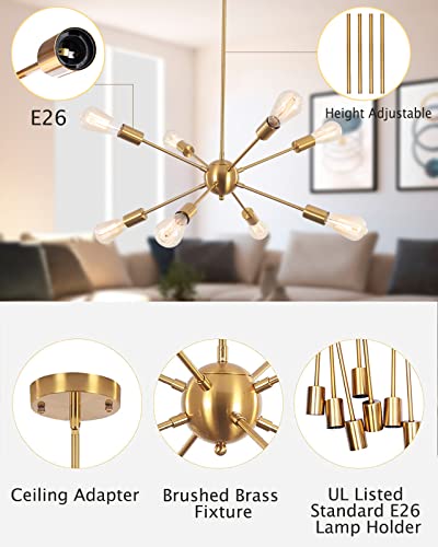 Puming Sputnik Chandelier, 8-Light Modern Pendant Lighting Metal Ceiling Light Fixture Brushed Brass Mid Century Ceiling Light Adjustable Height For Living Room Bedroom Dining Room Island Bar #TOP1