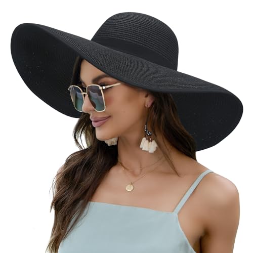 Image of Women Wide Brim Sun Hat UPF50 Straw Summer Hat Floppy Beach Hat Roll-Up