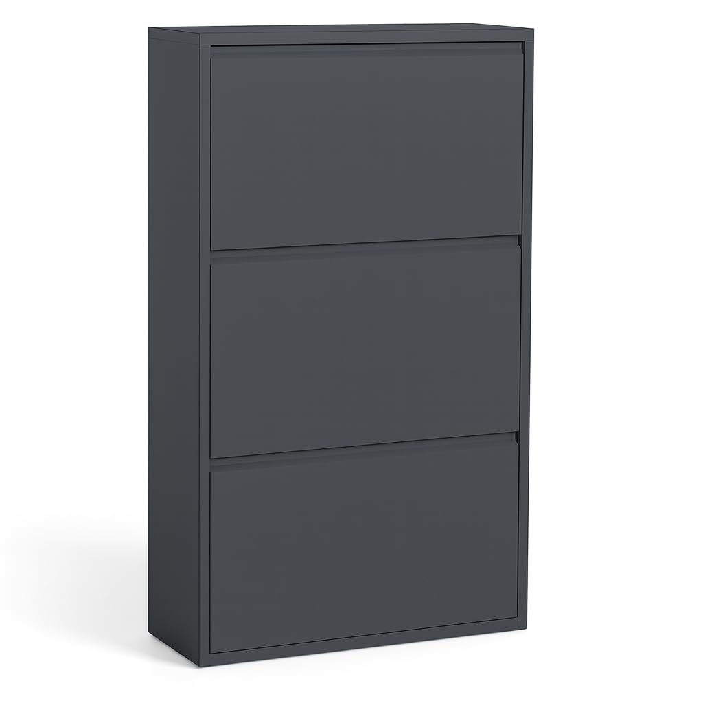 formood 3 Tier Metal Shoe Cabinet – Slim 15cm Wall Mounted Storage Cupboard with Pulldown Doors, Holds 6–9 Pairs, Modern Hallway & Entryway Organiser - Matte Anthracite