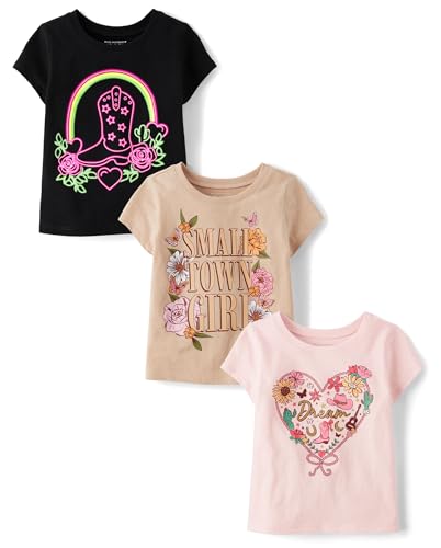 The Children's Place,Baby Girls,and Toddler Assorted Everyday Short Sleeve Graphic T-Shirts,Multipacks,Small Town/Western Boot/Heart 3-Pack,3 Years