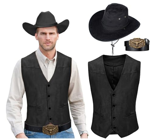 KAIPUTE Western Cowboy Costume Mens Vest Hat Belt for Adult Halloween Party Cosplay Black