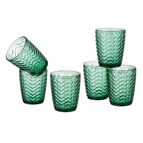 Baroni Home Juego de 6 vasos Wave de cristal de colores y decorados con rayas en relieve, 30 cl, elegantes vasos lavables en lavavajillas, 8 x 8 x 9,5 cm, verde