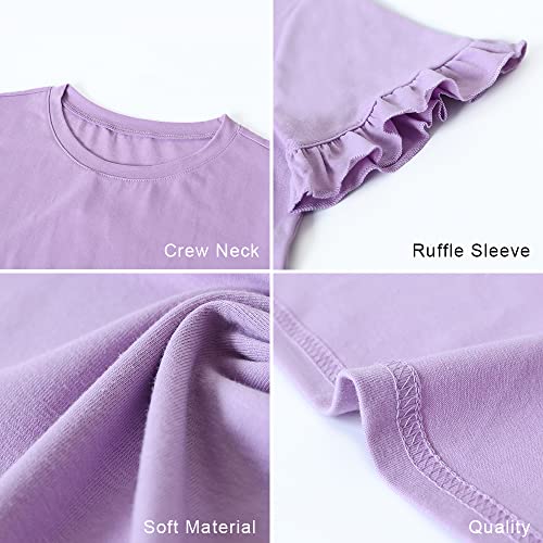 Prettygarden Women's Short Sleeve Casual T Shirts Summer Ruffle Plain Round Neck Loose Fit Tee Blouse Tops Purple #TOP4