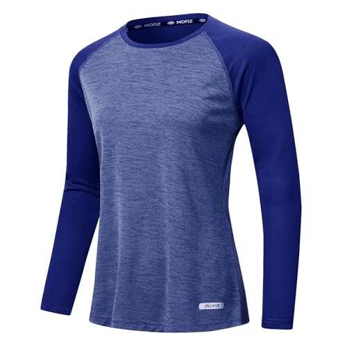 MoFiz Women's Long Sleeve Yoga Tops Sports Gym T-Shirt Ladies Workout Running Lightweight Quick Dry Shirts Fitness Jogger Walking Tee Mid-Blue M