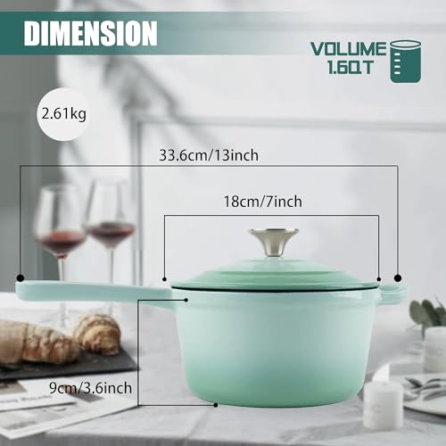 2 Quart Enameled Cast Iron Sauce Pan with Lid Mini Round Enamel Dutch Oven for Cooking Sauce Marinate Gravy Puddings Boiling Green Color - Image 3
