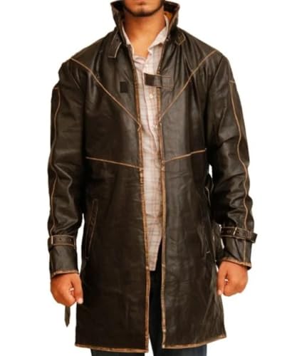 Men’s Urban Aesthetic Leather Trench Coat – Distressed Hacker Game Cosplay Jacket with Classic Style Flair3