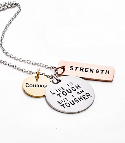Fervent Inspirational Tag Necklace [Love - Courage - Strength] Tri-Toned Stamped Plates on Link Chain Necklace - Image 6