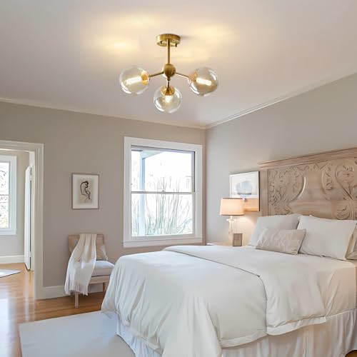 Image of KCO Lighting Small Amber Glass Ceiling Light Bubble Sputnik Chandelier Brass Gold Semi Flush Mount Ceiling Light for Kitchen Bedroom Hallway