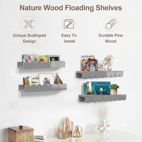 Image of Scalloped Shelves for Nursery - Wall Book Shelves for Bedroom Kids, Nursery Bookshelf for Wall Set of 4, Floating Book Shelves Solid Wood,18 Inch (Grey)