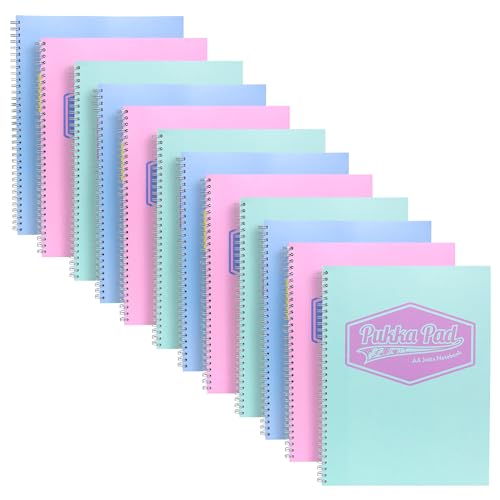 Image of Pukka Pad Pastel A4 Jotta Notebooks – Pack of 12 Wirebound Notepads with 200 Pages, 100 Sheets of 80GSM Ruled Paper and Perforated 4-Hole Punched Margins – Pink, Blue, & Green, 29.7 x 22.4 cm