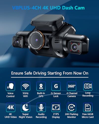3K Dash Cam 4 Channel, 360° Dashcam Front and Rear Inside, 3K+1080P*3 Dash Cams for Cars, Built-in GPS Car Camera, 5GHz WiFi App Control, Voice Control Dashcam, 64GB SD Card Night Vision, V8Plus - Image 2