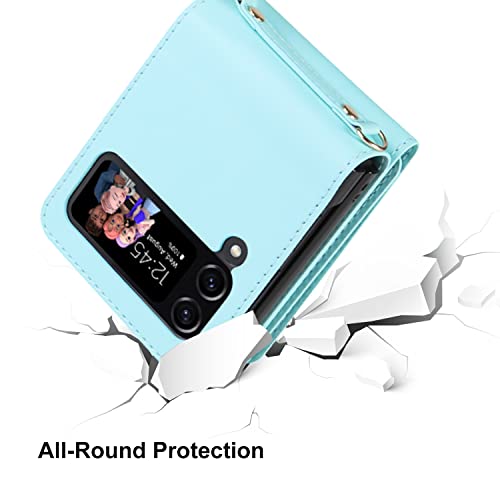 Ksridote For Samsung Galaxy Z Flip 4 Case With Card Holder Strap Lanyard, Samsung Z Flip 4 Case Wallet Galaxy Z Flip 4 Wallet Phone Case Crossbody Phone Case Cover Purse For Women, Mint Green #TOP2