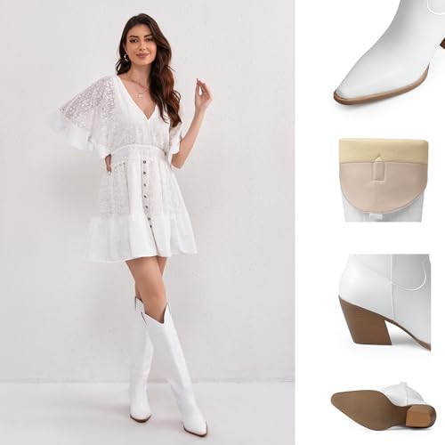 Image of iiimmu Cowgirl Boots Women Knee High Boots Pointed Toe and Block Heel Cowboy Suede and Faux Leather Boots with Embroidered