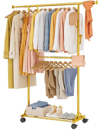 FAVOOSTY Clothes Rack for Hanging Clothes with Wheels, Double Adjustable Garment Rack Organizer for Kids with Extendable Rod Gold
