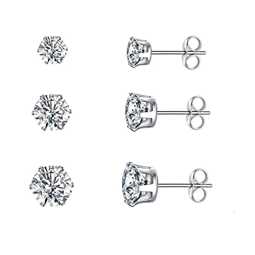 MDFUN Synthetic Moissanite Earrings Set 14K White Gold/Yellow Gold 6 Prong Round Synthetic Moissanite Stud Earring Set Pack of 3/4 Pairs