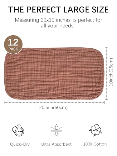 Image of Lovely Care 12 Pack Muslin Burp Cloths 100% Cotton Muslin Cloths Large 20''x10'' Extra Soft and Absorbent Baby Burping Cloth - Boho Neutrals