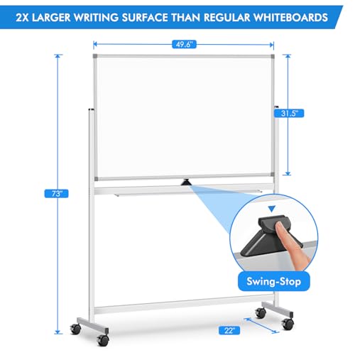 Maxtek Rolling White Board on Wheels 48x32 inch Double Side Magnetic Dry Erase Board with Stand, Aluminum Frame Easel Mobile Standing Whiteboard for Office, Classroom & Home
