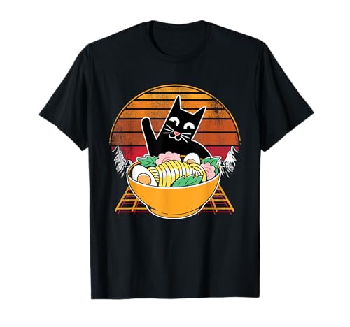 Ramen Cat Vintage Sunset 70s Kawaii Anime Fideos japoneses Camiseta