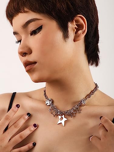 OJERRY Silver Star Pendant Chunky Choker Necklace, Star Punk Y2K Rave Outfit Jewelry Accessories Necklaces for Women3