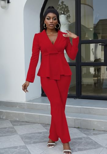 HuiSiFang Women's Pant Suits Dressy Business Casual Ruffle Blazer Pantsuits Sets 2 Piece Work Outfits4