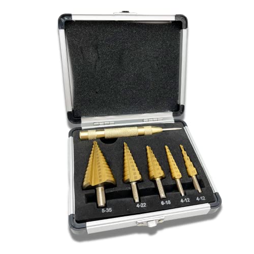 Stufenbohrer-Set, 6-teilig, Hochgeschwindigkeitsstahl, Titanbeschichtung, Kobaltkegel, Stufenbohrer mit automatischem Körnerstanzer, für DIY-Kunststoff, Holz, Metall, Aluminium, Eisen Cover