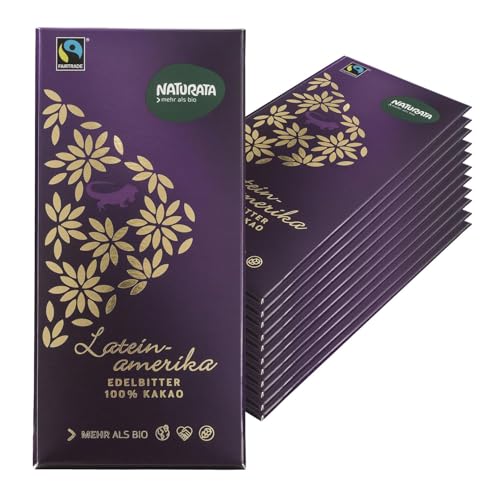 Naturata Lateinamerika Edelbitter 100% Schokolade | 10er Packung (10 x 80g) | Intensiver Kakao-Genuss aus der Dominikanischen Republik & Ecuador | Fairtrade & Schweizer Herstellung