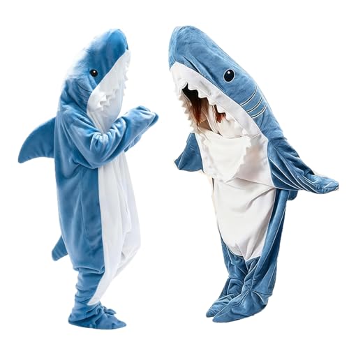 ZoneYan Manta Tiburon Adulto Cuerpo Entero, Manta Tiburon Franela Suave, Shark Blanket, Pijama Tiburon con Capucha, Manta de Dormir de Tiburó Una Pieza (Azul, 190cm)