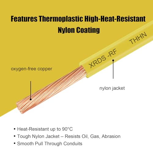 Image of XRDS -RF 10 AWG Stranded THHN Wire - Yellow, 50FT - Oxygen-Free Copper Electrical Wire with Nylon Jacket - Building Wire for Conduit, Industrial, Commercial, and Residential Use