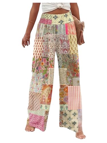 Milumia Women's Boho Patchwork Pants Summer Elastic High Waisted Loose Wide Leg Pants