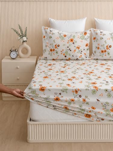 Image of 265 TC Glace-Cotton All Around Elastic Fitted Bedsheet, Elastic Fitted Bedsheet King Size Bedsheet for Double Bed with 2 Pillow Covers, Size - 72 x 78 x 8 Inch Color White
