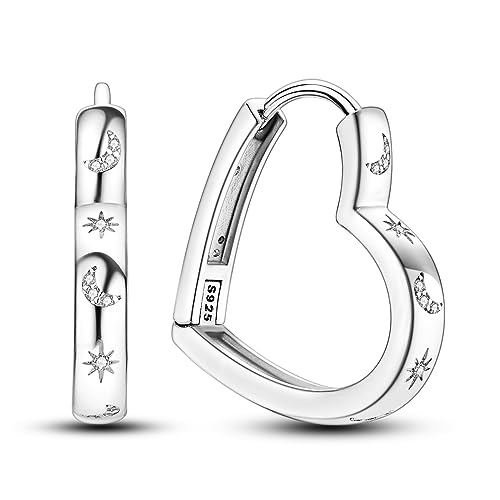 NARMO 925 Sterling Silver Hoop Earrings Heart Shaped Moon Star Hoop Earrings for Women