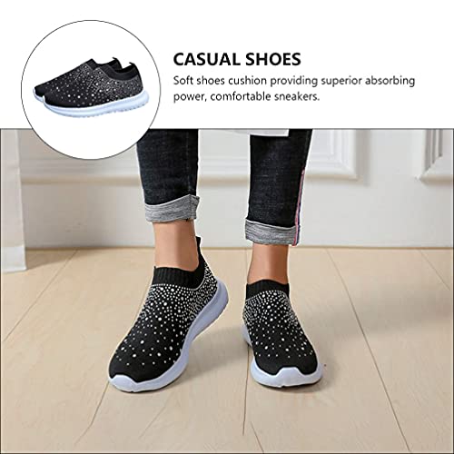 Holibanna Rhinestone Slip On Sneakers Breathable Sock Shoes Mesh Walking Running Sports Shoes Black #TOP7