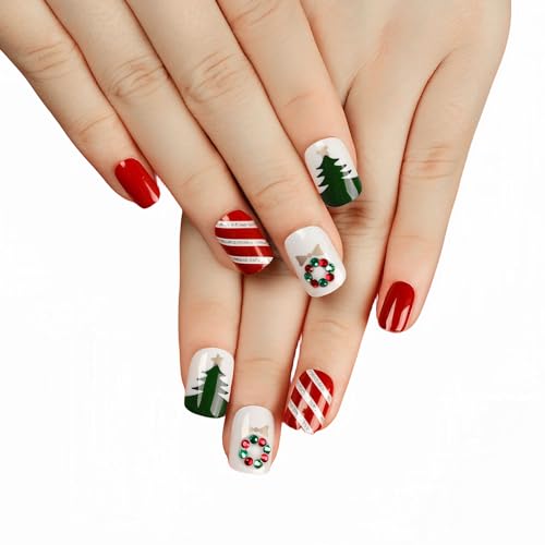 New Year Press on Nails Short Square Gel Glossy Glue Stick on Nails, Xmas Bear Tree with Rhinestones Nail Decorations Winter Acrylic Fake Nails Super Fit Nails Kits, 24 Pcs