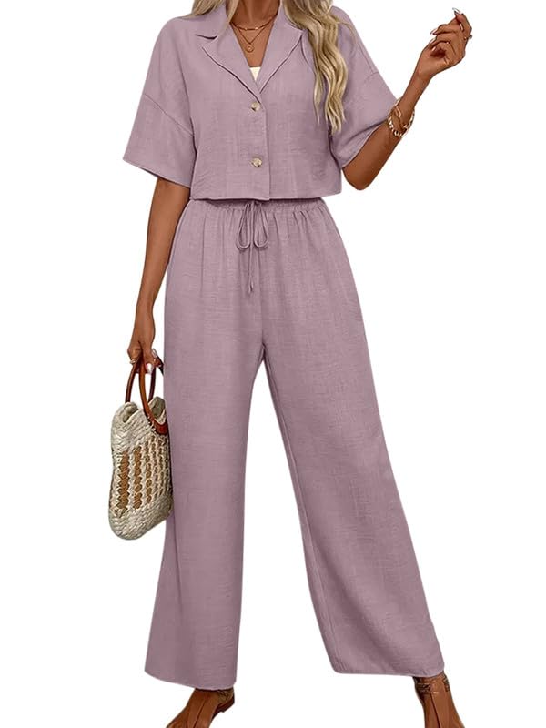 Ensemble pour Femme Décontracté 2 Pieces Col à Revers Chemise + Taille Elastique Pantalon avec Cordon de Serrage Couleur Unie Set Été
