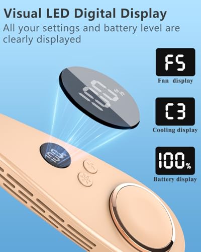 Image of Neck Fan with Semiconductor Cooling Plate, Rechargeable 5500mAh Battery, LED 5 Speeds & 3 Cooling Modes Display, USB Personal Cooling Device Gift for Hot Weather Mother's Day Father's Day, Apricot
