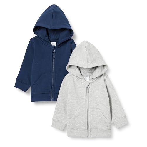 Amazon Essentials Sudadera con Capucha y Cremallera de Felpa de Rizo Unisex Bebés, Pack de 2, Azul Marino/Gris Claro Mezcla, 3-6 meses