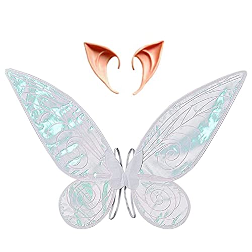 Feenflügel Erwachsene Kinder, Karneval Kostüm Damen, Feenflügel Damen Elfenohren, Schmetterlingsflügel für Mädchen, Frauen, Karneval Geburtstag Cosplay Party Halloween (Weiß)