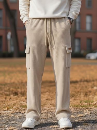 Image of Men's Ribbed Casual Cargo Pants | Stretchable & Comfortable Lower | Elastic Waist Drawstring | Relaxed Fit Stretchable & Comfortable Textured Fabric Cargo Pant for Men