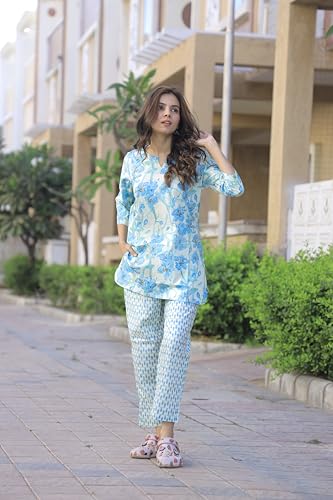 Image of Women's Cotton Night Suit Set, Printed Top and Pyjama, Casual Loungewear Sleepwear for Womens Girls