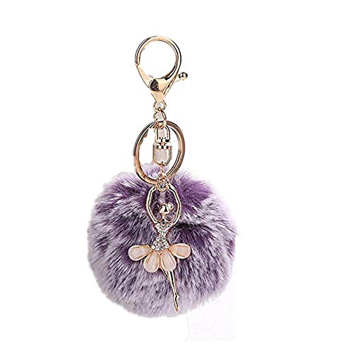 King&Pig Hot Fashion Women Fur Ball Ballet Dancer Pom Pom Charm Car Keychain Handbag Key Ring Pendant(purple)