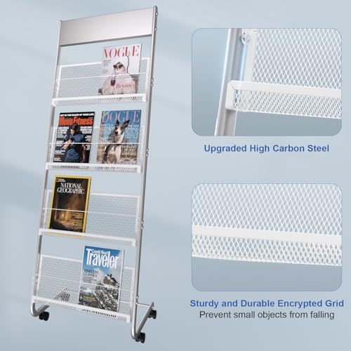 Zeitschriftenständer Zeitschriftenhalter mit Rollen, Literaturständer mit 4 Taschen, bodenstehend, Zeitschriften-Prospekthalter Rack, Silber