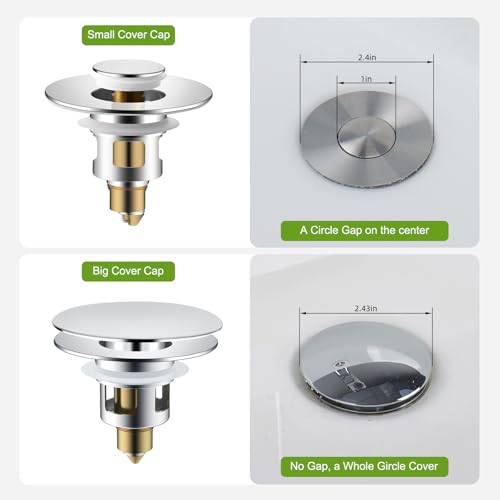Image of Universal Bathroom Sink Drain Stopper Strainer, 2PCS, Chrome | 2 in 1 Pop Up Sink Stopper for 1.1''~2.36'' Sink Basin Hole, Hair Catcher with Removable Stainless Steel Filter Basket