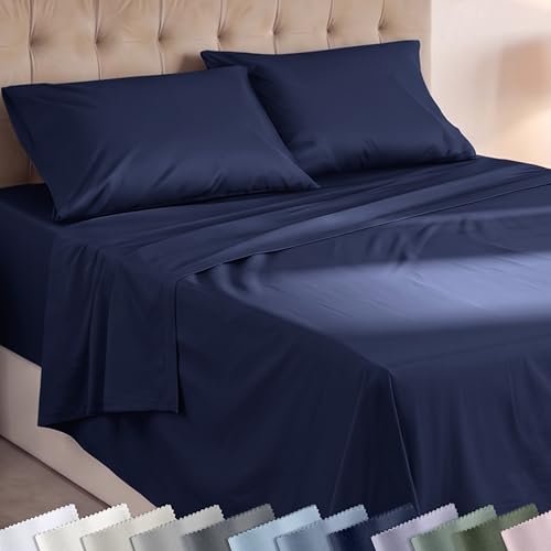 Image of Super Soft 100% Cotton Bed Sheets Queen Size, 4 Pc Set, Navy Blue | Lightweight & Breathable For Hot Sleepers, 14 inch Deep Pocket, All-Around Elastic, Durable, Easy Care, OekoTex Certified