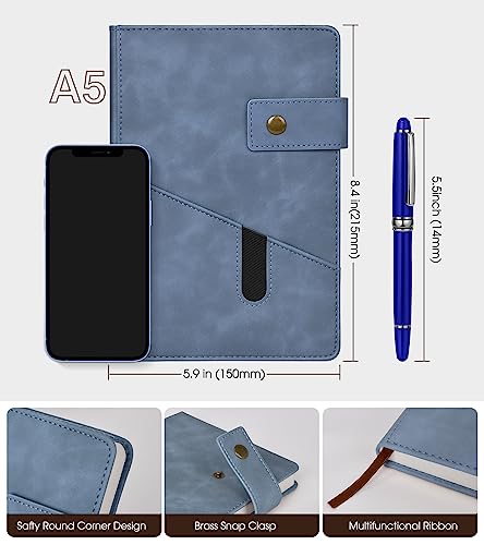 Image of Lined Journal Notebook with Pen, A5 Personalized Hardcover Leather Journal for Men Women, 200 Pages 100 GSM Thick Paper College Ruled Notebooks for Work Travel School Writing Diary 5.9 inch X 8.4 inch Blue